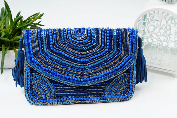 Bohemian Hand embellished Sling/ Clutch Bags – Blue Sequins with Tassels