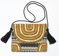 Bohemian Hand embellished Sling/ Clutch Bags – Gold and bronze embellished with black tassels.