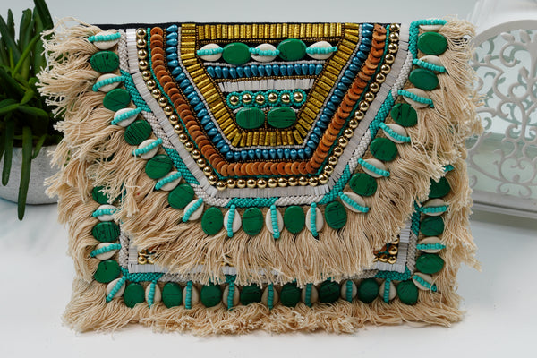Bohemian Hand embellished Sling/ Clutch Bags – Green Jade With White Tassels
