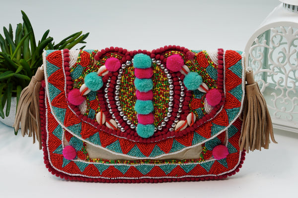 Bohemian Hand embellished Sling/ Clutch Bags – Gold Embellished with Pink and Green Symmetry.