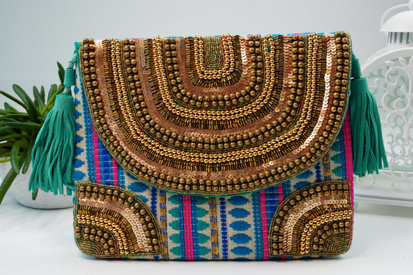 Bohemian Hand embellished Sling/ Clutch Bags – Pink and blue Symmetry with Tassels